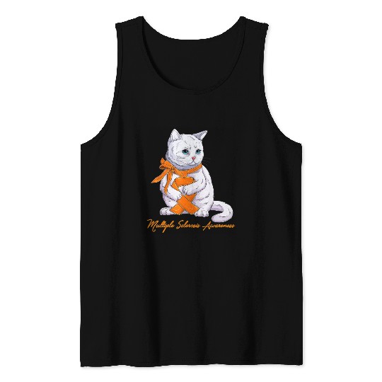 Multiple Sclerosis MS Awareness Cute Cat Wear Oran Tank Tops