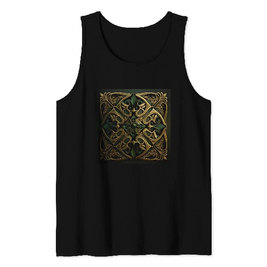 Green Bronze Ornamental Plaid Decoration Pattern Tank Tops