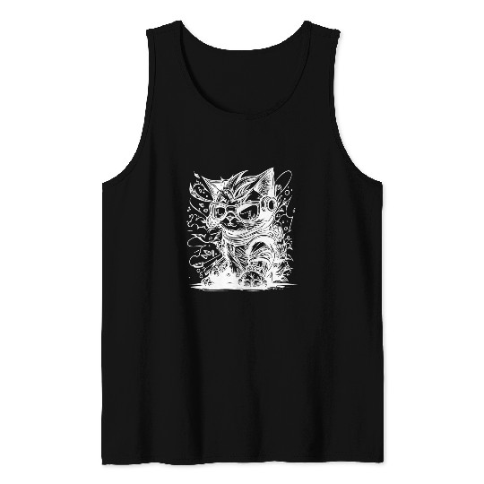 Little Cool Space Cat Splash Tattoo Style Tank Tops