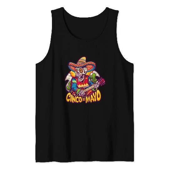 Mexican Skeleton Playing Guitar Cinco De Mayo Tank Tops