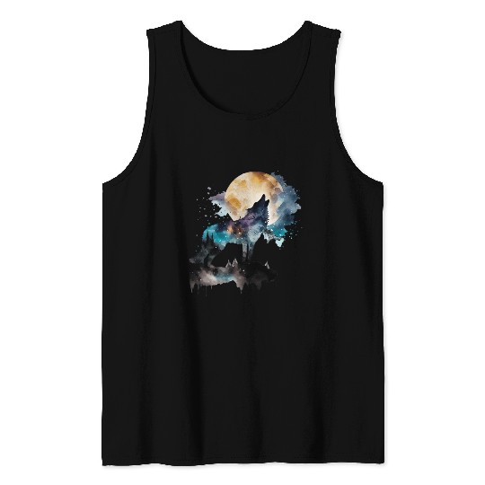 Mountain Wolf Multicolor Watercolor Portrait Tank Tops