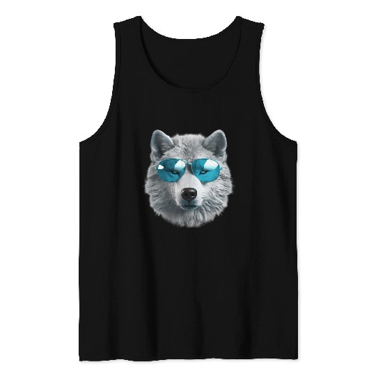 Grey Wolf Wearing Blue Sunglasses Wildlife Animal Tank Tops