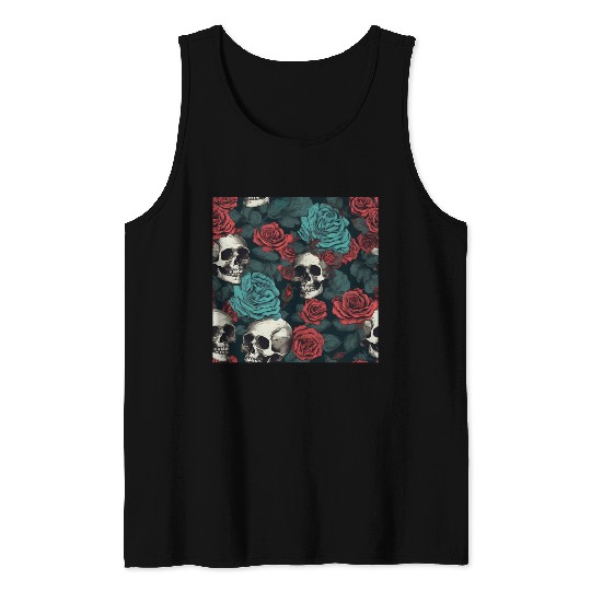 Gothic Skulls & Red Roses Pattern Dark Elegant Tank Tops