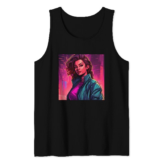 Synthwave City Bloom - Neon Pink Cityscape Tank Tops