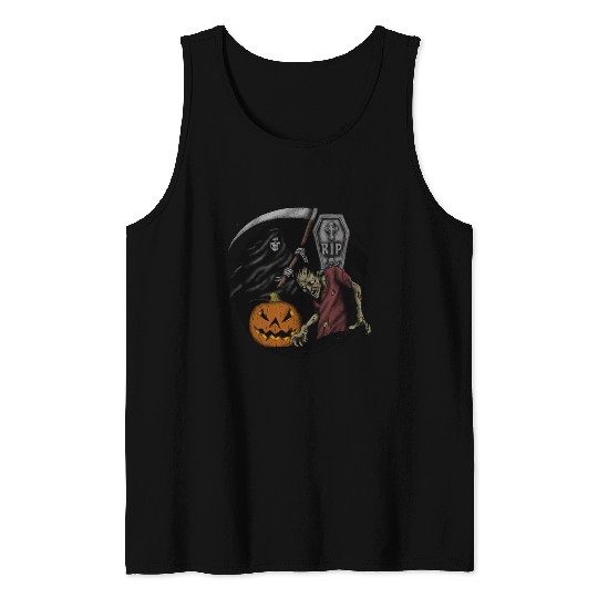 Scary pumpkin zombie Halloween grim reaper Tank Tops