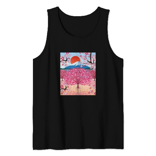 Sunset Sakura Mountains Gift Cherry Blossoms Tank Tops