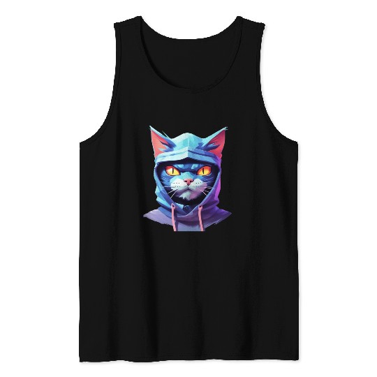 Bold Pastel Prowler: Ninja Cat's Sublime Ferocity Tank Tops