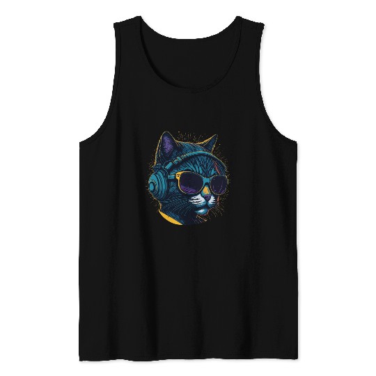 Cool Sunglasses Headphone Galaxy Cat Tank Tops