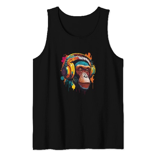Chimpanzee Wearing Headphone Tank Tops