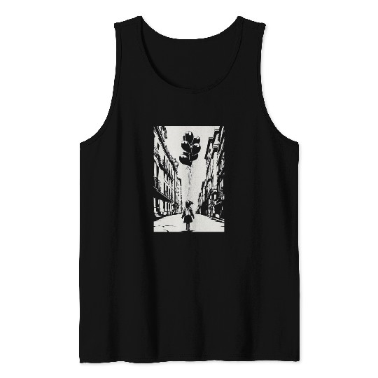 Girl Chasing Balloons Artwork Tank Tops