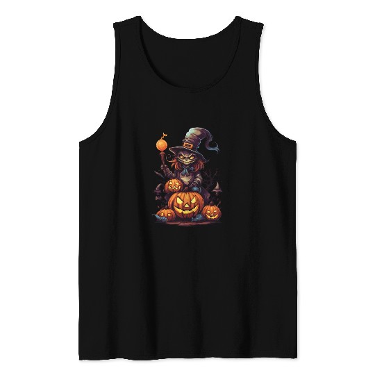 Enchanted Harvest: Witch's Delight amidst Pumpkins Tank Tops