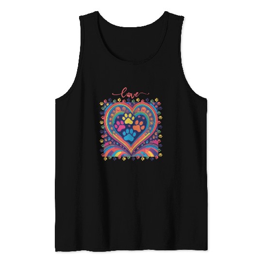 Rainbow Heart Love paw prints Tank Tops
