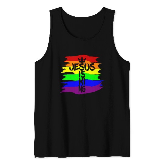 Queer Jesus is King Cross Crown Rainbow Colors Tank Tops