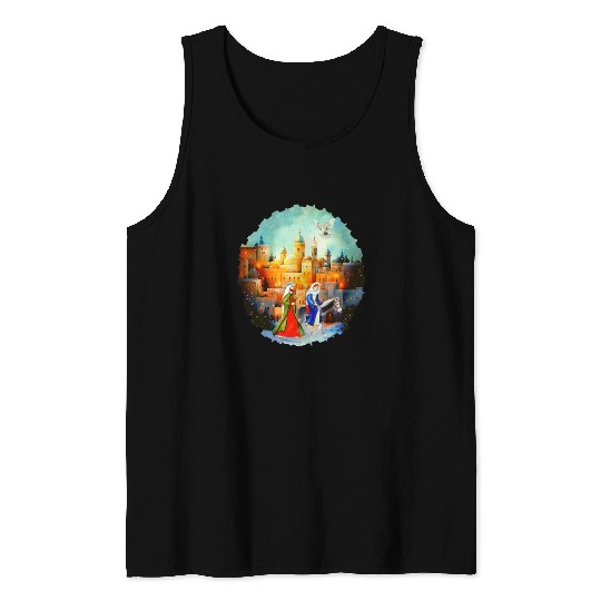 Mary and Joseph in Bethlehem with donkey Tank Tops