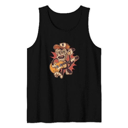 Retro Chimpanzee Guitar Player Graphic Tank Tops