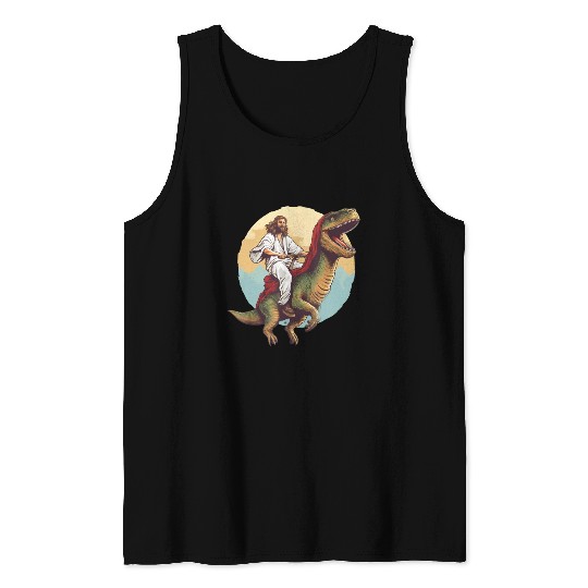 Jesus Riding a Dinosaur Meme Dino Lover Tank Tops