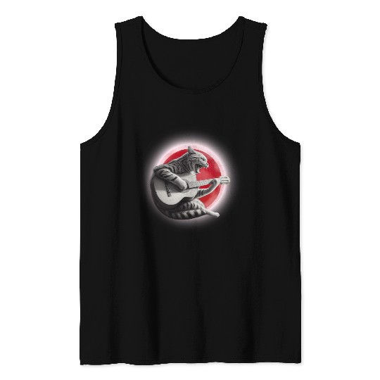 Rock Cat Playing Guitar Tank Tops under the red moon