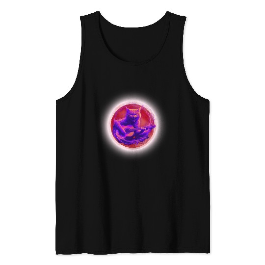 Rock Cat Playing Guitar Tank Tops under the red moon
