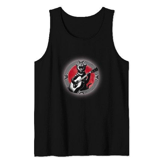 Rock Cat Playing Guitar Tank Tops under the red moon