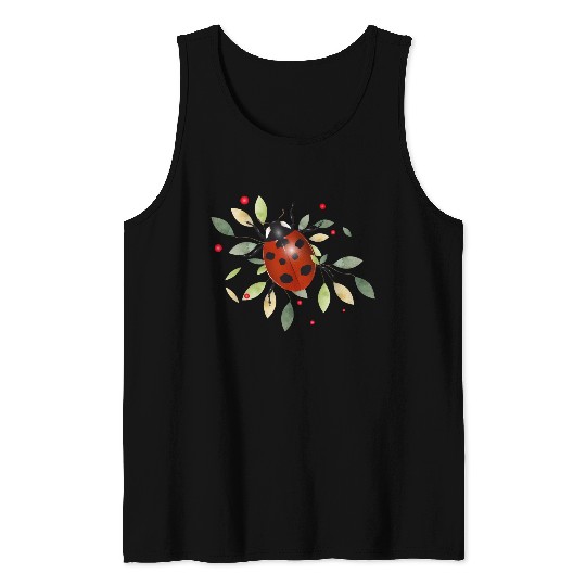 red glowing ladybug with green leaves Tank Tops