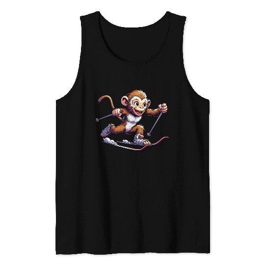 Monkey Chimpanzee Skier Winter Vacation Design Tank Tops