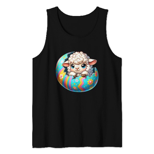 Colorful Lamb Hatching from Easter Egg Cartoon Tank Tops