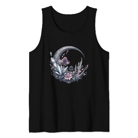 Crescent moon in silver, with crystals and flowers Tank Tops