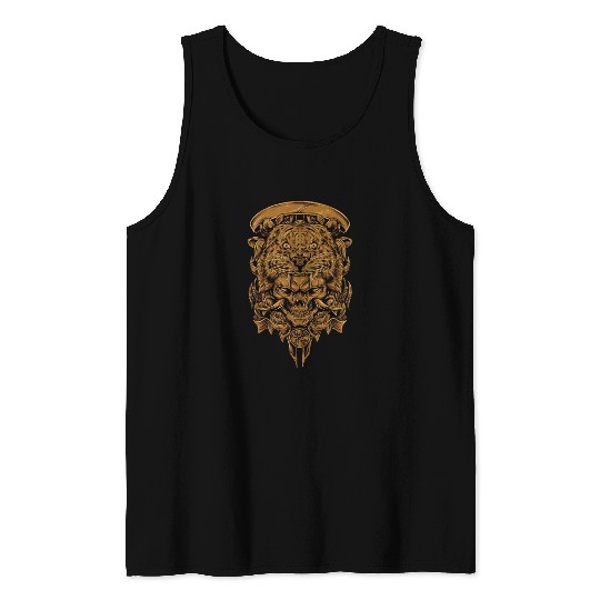 Golden Angry Tiger Tora Skull Tattoo Tank Tops