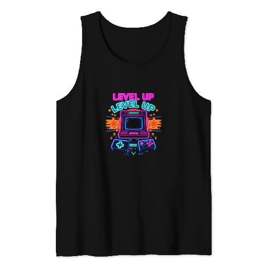 Neon Arcade Glory: Level Up Tank Tops