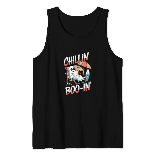 Halloween Ghost and Cat Relaxing Beach Vacation Tank Tops