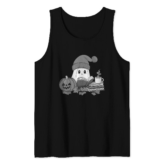 Cute Teacher Ghost Reading Book Lovers Halloween Tank Tops