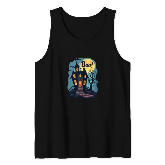 spooky haunted house with a black cat sitting Tank Tops