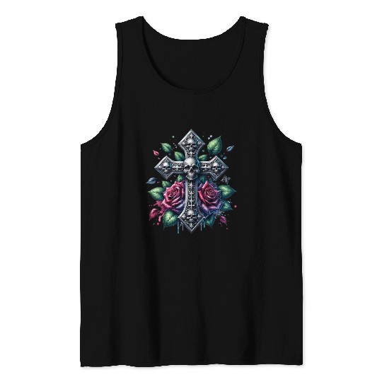 Gothic Collection - Cross, Skulls & Red Roses Tank Tops