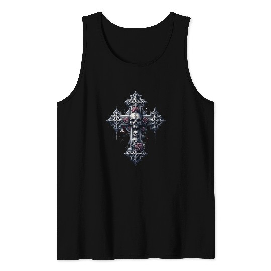 Gothic Cross Collection - Skulls and Red Roses Tank Tops