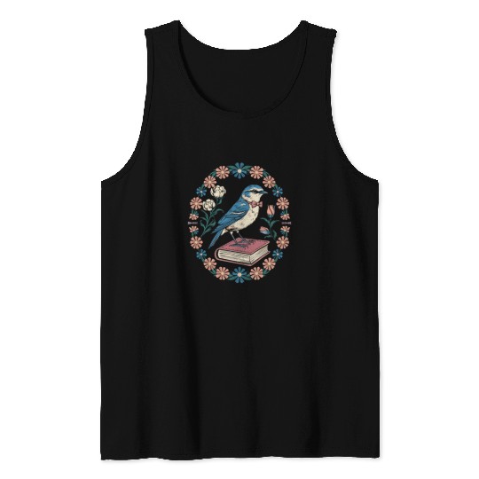 Cottagecore Bluebird on Book with Floral Frame Tank Tops