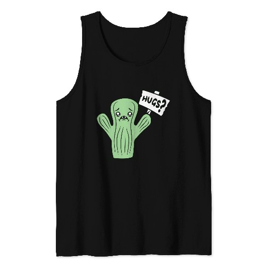 Funny Cactus Sad Face Hugs Sign Lonely Cry Comic Tank Tops