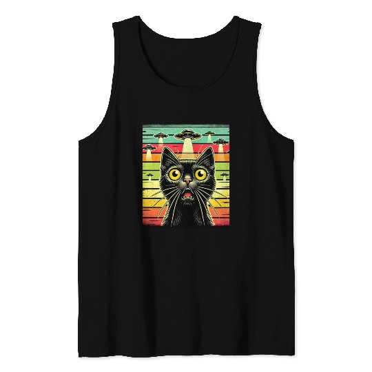 Fun Cat sunset Galaxy Cat Spaceship Alien Cat UFOs Tank Tops