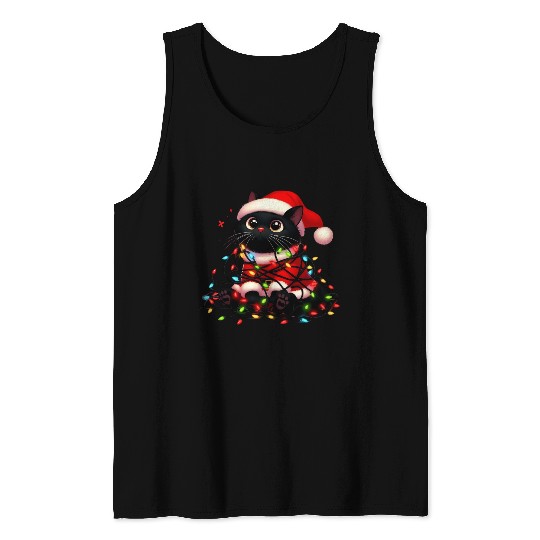 Christmas Kitty Tangled in Holiday Lights Tank Tops