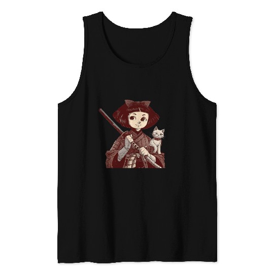 Chibi Samurai Warrior Cat Companion & Blossoms Tank Tops