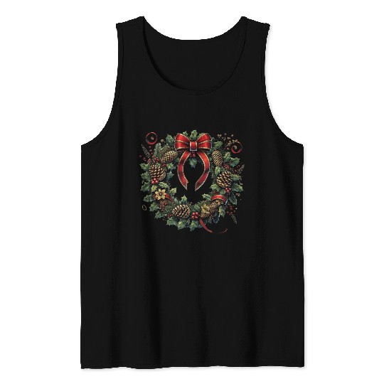 Rustic Christmas Wreath with Holly and Pine Cones Tank Tops