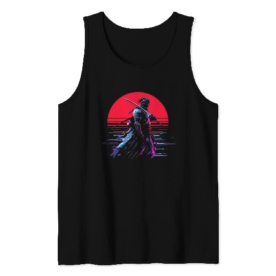 Cyberpunk Samurai Warrior Under Neon Moon Tank Tops