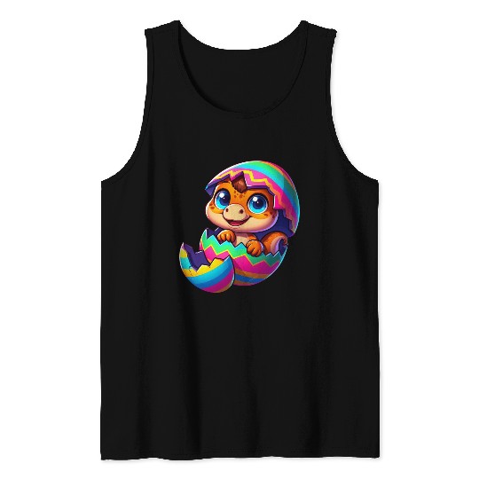 Cute Dino hatching from colorful Easter egg Tank Tops