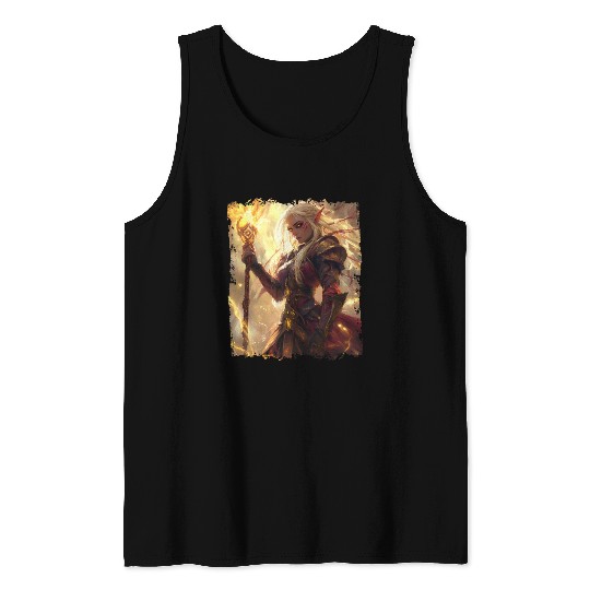 Fiery Elf Mage with Glowing Magical Staff Design Tank Tops
