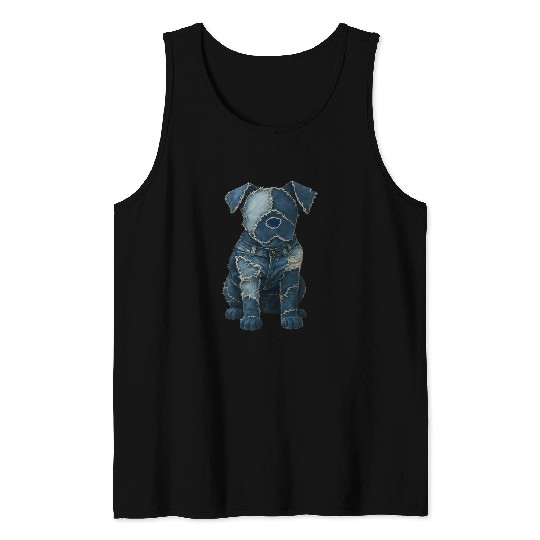 Cute Denim Patchwork Art Dog Tank Tops