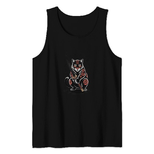 Mythical Japanese Warrior Cat Design Tank Tops