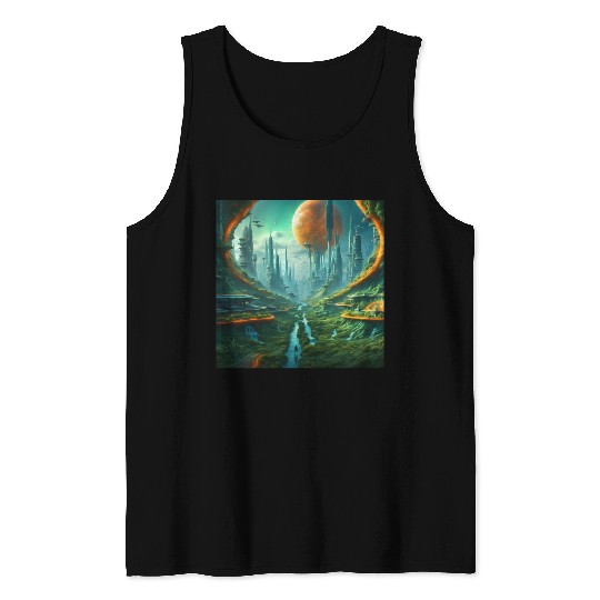 Futuristic Urban Landscape with Alien Sky Tank Tops