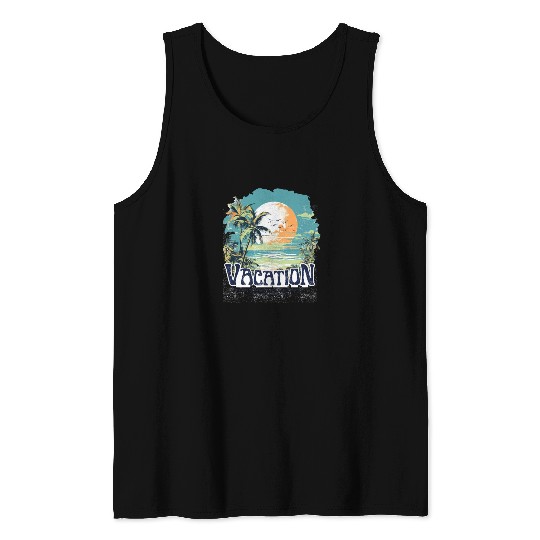 Tropical Sunset Vacation Illustration Tank Tops