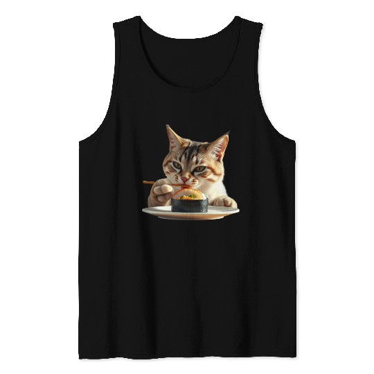 Whimsical Sushi Cat Illustration Tank Tops