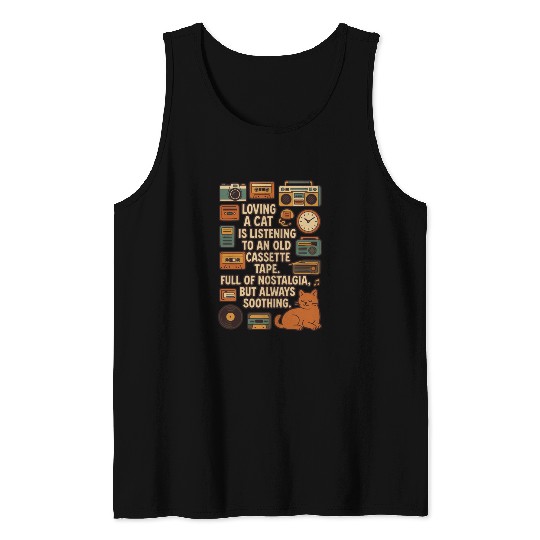 Nostalgic Cat Listening Cassette Tape Tank Tops