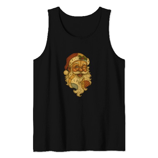 Patchwork Santa Face Vintage Christmas Folk Art Tank Tops